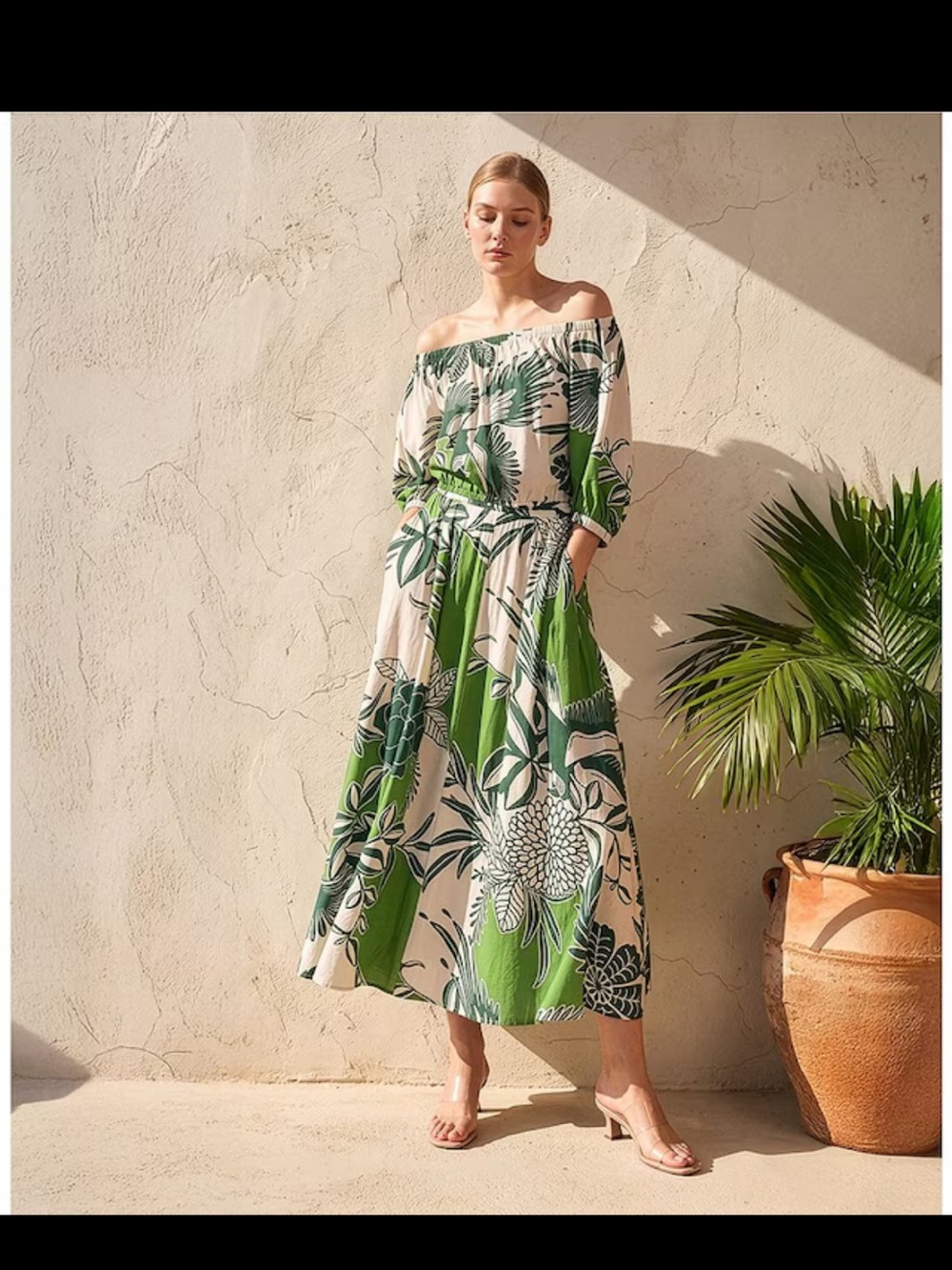 Melloday Coordinating Leaf Print Convertible Elastic Neckline Dolman Sleeve Top